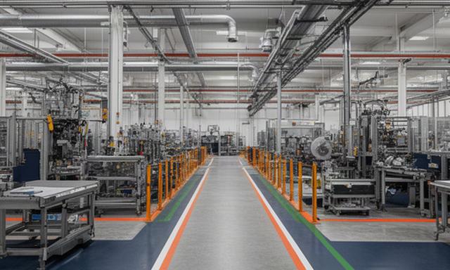 Organized production floor with a clear equipment aisle, marked work zones and overhead service runs