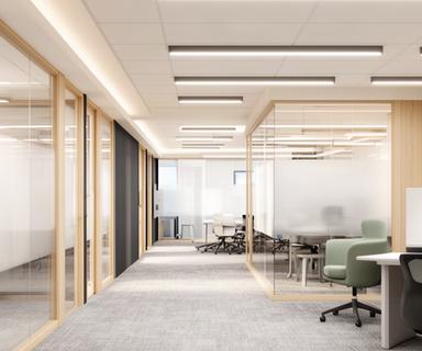 Updated office fit-out concept with reconfigured meeting rooms, glazed partitions, new ceiling lights, and fresh flooring